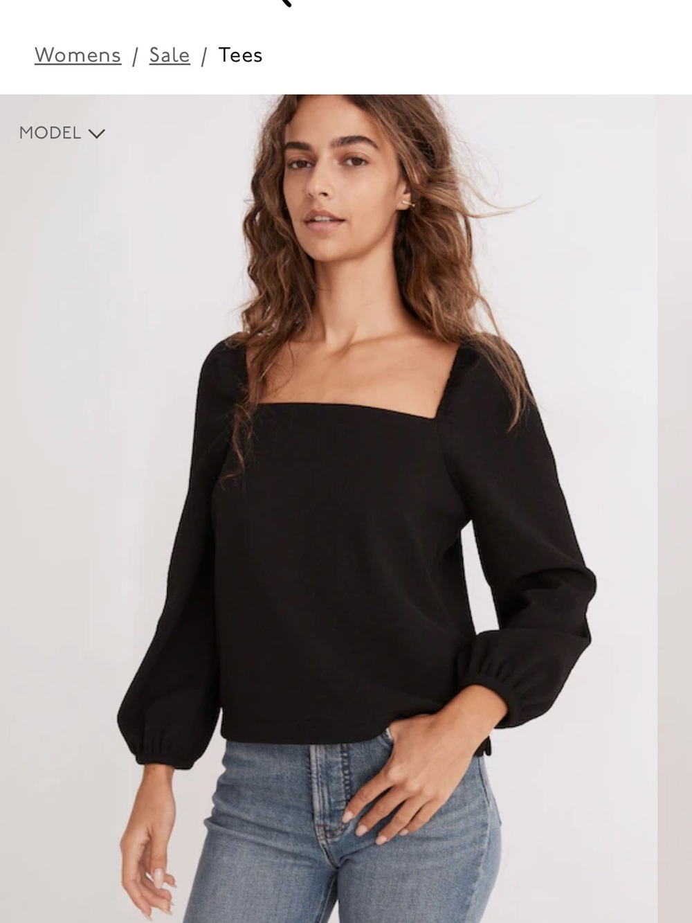 Black Crepe Square Neck Long Puff Sleeve Top - Women's